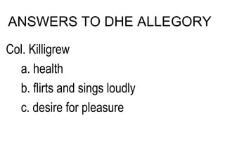 Col. Killigrew a. health b. flirts and sings loudly c. desire for pleasure ANSWERS TO DHE ALLEGORY 