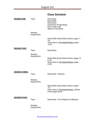 English 101

                                          Class Schedule
SESSION ONE      Topic:                   Introduction
                                          Study Skills
                                          Note-taking
                                          Importance of Note-taking
                                          How to take notes
                                          Styles of note-taking

                 Reading
                 Assignments:

                                          Study Skills (Study Skills handout, pages 1-
                                          14)
                                          Take notes on The Sealed Nectar, pages
                                          15-22

SESSION TWO:
                 Topic:                   Note-taking

                 Reading
                 Assignments:
                                          Study Skills (Study Skills handout, pages 15
                                          & 16)
                                          Take notes on The Sealed Nectar, pages
                                          23-29



SESSION THREE:
                 Topic:                   Note-taking: Outlining


                 Reading
                 Assignments:

                                          Study Skills (Study Skills handout, pages
                                          17)
                                          Take notes on The Sealed Nectar, (Outline
                                          format pages 29-33


SESSION FOUR:
                 Topic:                   Note-taking: Venn Diagrams & Mapping


                 Reading
                 Assignments:




                          bais.islamiconlineuniversity.com
 