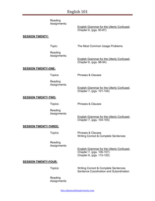 English 101

                  Reading
                  Assignments:
                                            English Grammar for the Utterly Confused,
                                            Chapter 6, (pgs. 83-87)

SESSION TWENTY:


                  Topic:                    The Most Common Usage Problems

                  Reading
                  Assignments:
                                            English Grammar for the Utterly Confused,
                                            Chapter 6, (pgs. 88-94)

SESSION TWENTY-ONE:

                  Topics:                   Phrases & Clauses

                  Reading
                  Assignments:
                                            English Grammar for the Utterly Confused,
                                            Chapter 7, (pgs. 101-104)

SESSION TWENTY-TWO:

                  Topics:                   Phrases & Clauses

                  Reading
                  Assignments:
                                            English Grammar for the Utterly Confused,
                                            Chapter 7, (pgs. 104-105)

SESSION TWENTY-THREE:

                  Topics:                   Phrases & Clauses
                                            Writing Correct & Complete Sentences

                  Reading
                  Assignments:
                                            English Grammar for the Utterly Confused,
                                            Chapter 7, (pgs. 106-107)
                                            Chapter 8, (pgs. 115-120)

SESSION TWENTY-FOUR:

                  Topics:                   Writing Correct & Complete Sentences
                                            Sentence Coordination and Subordination

                  Reading
                  Assignments:


                            bais.islamiconlineuniversity.com
 