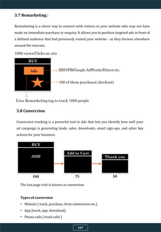 3.7 Remarketing :
Remarketing is a clever way to connect with visitors to your website who may not have
made an immediate purchase or enquiry. It allows you to position targeted ads in front of
a defined audience that had previously visited your website - as they browse elsewhere
around the internet.
3.8 Conversion
Conversion tracking is a powerful tool in Ads that lets you identify how well your
ad campaign is generating leads, sales, downloads, email sign-ups, and other key
actions for your business.
The last page visit is known as conversion
Types of conversion
• Website [ track, purchase, form submission etc.]
• App [track, app, download]
• Phone calls [ track calls ]
107
 