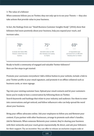 3. The value of a follower
When someone follows you on Twitter, they not only opt in to see your Tweets — they also
take actions that provide value to your business.
In fact, the findings from our ”Small Business Customer Insights Study” (2016) show that
followers feel more positively about your business, help you expand your reach, and
increase sales.
Ready to build a community of engaged and valuable Twitter followers?
Here are five steps to get started:
Promote your username everywhere! Add a follow button to your website, include a link to
your Twitter profile in your email signature, and promote it on offline collateral such as
business cards, or store signage.
Tap into your existing customer base. Upload your email contacts and let your customers
know you’re ready to have a conversation by following them on Twitter.
Search keywords and hashtags that relate to your industry and audience. Use them to enter
into conversations and get noticed, and follow influencers who can help spread the word
about your business.
Bring your offline advocates online. Ask your employees to follow you and Retweet your
content. If you partner with other businesses, arrange to promote each other’s handles.
Ask for Retweets. When someone Retweets your content, they’re sharing your business
with their networks and your reach grows exponentially. Be direct, and ask your followers
for their support. Try an incentive: You can offer to release an exclusive coupon code or
offer if a Tweet reaches a certain number of Retweets.135
 