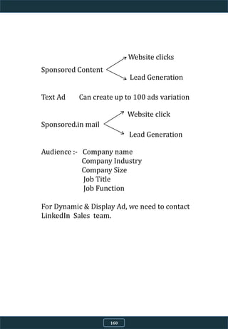 Sponsored Content
Text Ad Can create up to 100 ads variation
Sponsored.in mail
Audience :- Company name
Company Industry
Company Size
Job Title
Job Function
For Dynamic & Display Ad, we need to contact
LinkedIn Sales team.
Website clicks
Lead Generation
Website click
Lead Generation
160
 