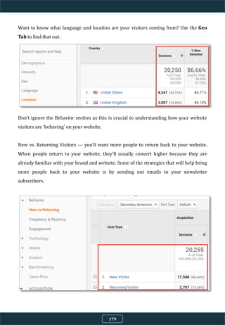 Want to know what language and location are your visitors coming from? Use the Geo
Tab to find that out.
Don't ignore the Behavior section as this is crucial to understanding how your website
visitors are 'behaving' on your website.
New vs. Returning Visitors — you'll want more people to return back to your website.
When people return to your website, they'll usually convert higher because they are
already familiar with your brand and website. Some of the strategies that will help bring
more people back to your website is by sending out emails to your newsletter
subscribers.
179
 