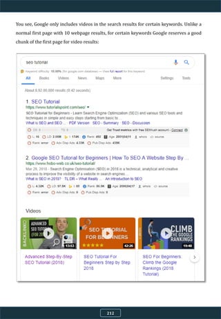 You see, Google only includes videos in the search results for certain keywords. Unlike a
normal first page with 10 webpage results, for certain keywords Google reserves a good
chunk of the first page for video results:
212
 