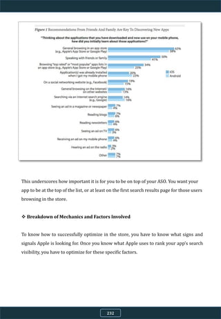 This underscores how important it is for you to be on top of your ASO. You want your
app to be at the top of the list, or at least on the first search results page for those users
browsing in the store.
 Breakdown of Mechanics and Factors Involved
To know how to successfully optimize in the store, you have to know what signs and
signals Apple is looking for. Once you know what Apple uses to rank your app’s search
visibility, you have to optimize for these specific factors.
232
 