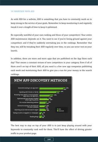 10. MAINTAIN YOUR ASO
As with SEO for a website, ASO is something that you have to constantly work on to
keep strong in the service of your goals. Remember to keep monitoring it and regularly
tweak it over a length of time to keep it optimized.
Be especially watchful of your own ranking and those of your competitors’. Your entire
ASO maintenance depends on it. You want to see if you’re losing ground against your
competitors and if they’re suddenly overtaking you in the rankings. Remember that
they, too, will be tweaking their ASO regularly over time, so you can never rest on your
laurels.
In addition, there are more and more apps that are published on the App Store each
day! That means a constant stream of new competitors in your category. Even if all of
them aren’t on top of their ASO, all you need is a few new app companies publishing
each week and maintaining their ASO to give you a run for your money in the search
rankings.
The best way to stay on top of your ASO is to just keep playing around with your
keywords to constantly rank well for them. This’ll have the effect of driving greater
traffic to your product page.
249
 