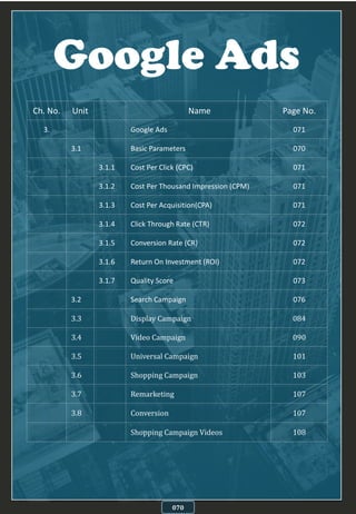 Google Ads
070
Ch. No. Unit Name Page No.
3. Google Ads 071
3.1 Basic Parameters 070
3.1.1 Cost Per Click (CPC) 071
3.1.2 Cost Per Thousand Impression (CPM) 071
3.1.3 Cost Per Acquisition(CPA) 071
3.1.4 Click Through Rate (CTR) 072
3.1.5 Conversion Rate (CR) 072
3.1.6 Return On Investment (ROI) 072
3.1.7 Quality Score 073
3.2 Search Campaign 076
3.3 Display Campaign 084
3.4 Video Campaign 090
3.5 Universal Campaign 101
3.6 Shopping Campaign 103
3.7 Remarketing 107
3.8 Conversion 107
Shopping Campaign Videos 108
 