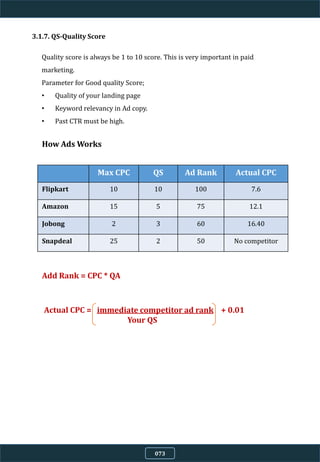 3.1.7. QS-Quality Score
Quality score is always be 1 to 10 score. This is very important in paid
marketing.
Parameter for Good quality Score;
• Quality of your landing page
• Keyword relevancy in Ad copy.
• Past CTR must be high.
How Ads Works
Max CPC QS Ad Rank Actual CPC
Flipkart 10 10 100 7.6
Amazon 15 5 75 12.1
Jobong 2 3 60 16.40
Snapdeal 25 2 50 No competitor
Add Rank = CPC * QA
Actual CPC = immediate competitor ad rank + 0.01
Your QS
073
 