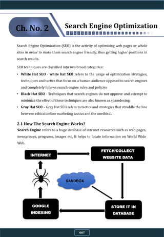 Search Engine Optimization (SEO) is the activity of optimizing web pages or whole
sites in order to make them search engine friendly, thus getting higher positions in
search results.
SEO techniques are classified into two broad categories:
• White Hat SEO - white hat SEO refers to the usage of optimization strategies,
techniques and tactics that focus on a human audience opposed to search engines
and completely follows search engine rules and policies
• Black Hat SEO - Techniques that search engines do not approve and attempt to
minimize the effect of these techniques are also known as spamdexing.
• Gray Hat SEO – Gray Hat SEO refers to tactics and strategies that straddle the line
between ethical online marketing tactics and the unethical.
2.1 How The Search Engine Works?
Search Engine refers to a huge database of internet resources such as web pages,
newsgroups, programs, images etc. It helps to locate information on World Wide
Web.
STORE IT IN
DATABASE
INTERNET
GOOGLE
INDEXING
FETCH/COLLECT
WEBSITE DATA
SANDBOX
Search Engine OptimizationCh. No. 2
007
 