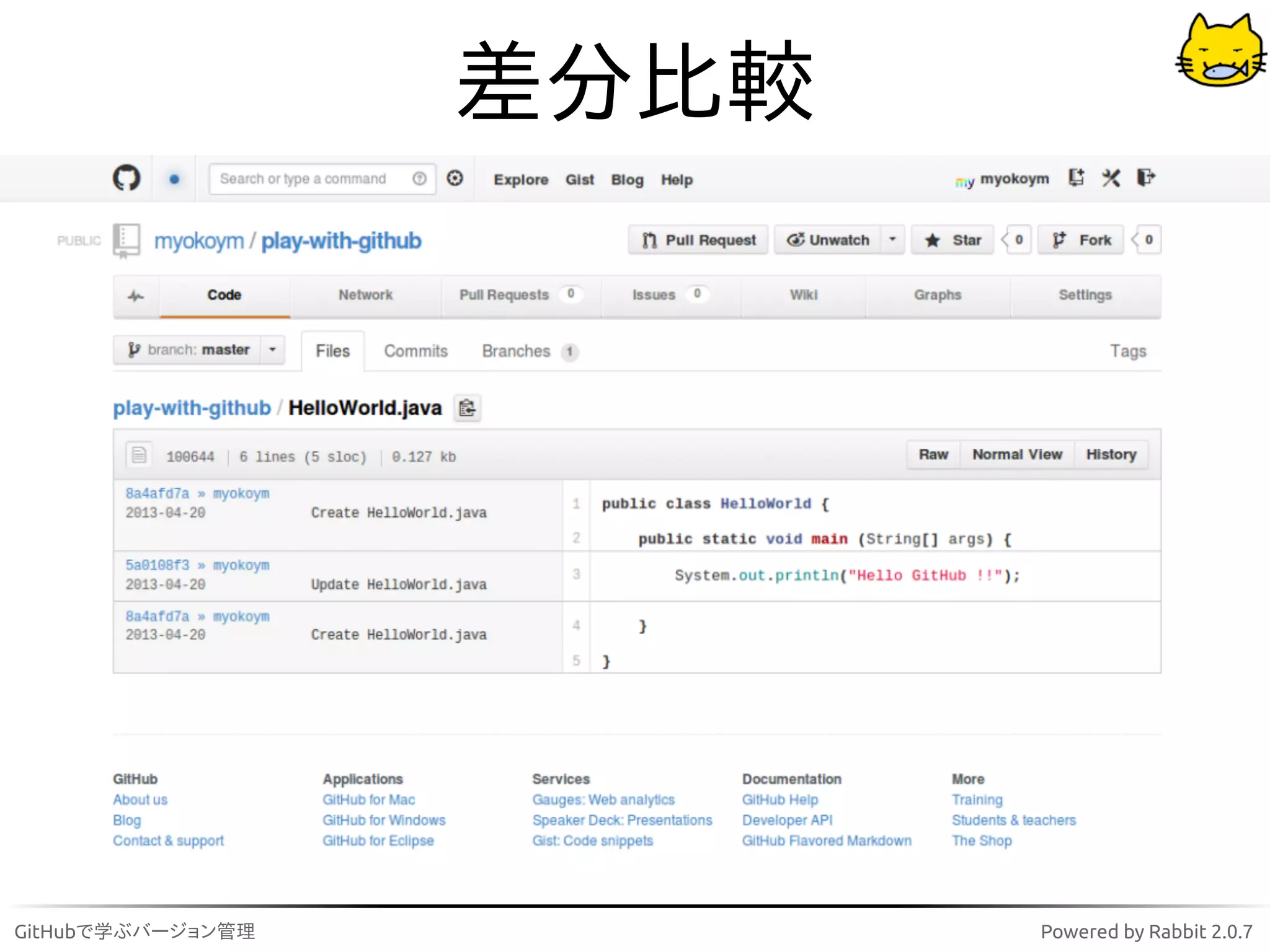 差分比較




GitHubで学ぶバージョン管理          Powered by Rabbit 2.0.7
 