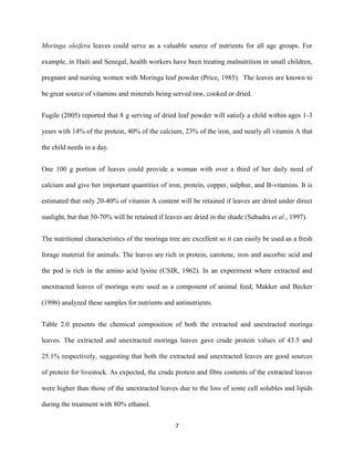 7
Moringa oleifera leaves could serve as a valuable source of nutrients for all age groups. For
example, in Haiti and Senegal, health workers have been treating malnutrition in small children,
pregnant and nursing women with Moringa leaf powder (Price, 1985). The leaves are known to
be great source of vitamins and minerals being served raw, cooked or dried.
Fugile (2005) reported that 8 g serving of dried leaf powder will satisfy a child within ages 1-3
years with 14% of the protein, 40% of the calcium, 23% of the iron, and nearly all vitamin A that
the child needs in a day.
One 100 g portion of leaves could provide a woman with over a third of her daily need of
calcium and give her important quantities of iron, protein, copper, sulphur, and B-vitamins. It is
estimated that only 20-40% of vitamin A content will be retained if leaves are dried under direct
sunlight, but that 50-70% will be retained if leaves are dried in the shade (Subadra et al., 1997).
The nutritional characteristics of the moringa tree are excellent so it can easily be used as a fresh
forage material for animals. The leaves are rich in protein, carotene, iron and ascorbic acid and
the pod is rich in the amino acid lysine (CSIR, 1962). In an experiment where extracted and
unextracted leaves of moringa were used as a component of animal feed, Makker and Becker
(1996) analyzed these samples for nutrients and antinutrients.
Table 2.0 presents the chemical composition of both the extracted and unextracted moringa
leaves. The extracted and unextracted moringa leaves gave crude protein values of 43.5 and
25.1% respectively, suggesting that both the extracted and unextracted leaves are good sources
of protein for livestock. As expected, the crude protein and fibre contents of the extracted leaves
were higher than those of the unextracted leaves due to the loss of some cell solubles and lipids
during the treatment with 80% ethanol.
 
