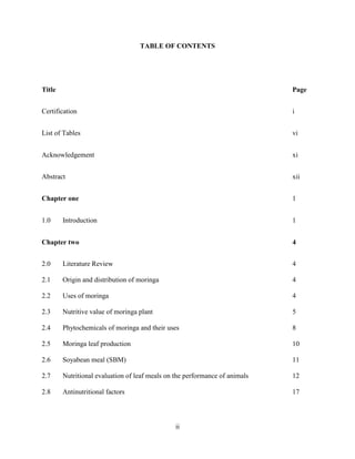 ii
TABLE OF CONTENTS
Title Page
Certification i
List of Tables vi
Acknowledgement xi
Abstract xii
Chapter one 1
1.0 Introduction 1
Chapter two 4
2.0 Literature Review 4
2.1 Origin and distribution of moringa 4
2.2 Uses of moringa 4
2.3 Nutritive value of moringa plant 5
2.4 Phytochemicals of moringa and their uses 8
2.5 Moringa leaf production 10
2.6 Soyabean meal (SBM) 11
2.7 Nutritional evaluation of leaf meals on the performance of animals 12
2.8 Antinutritional factors 17
 