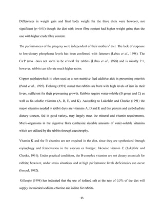 35
Differences in weight gain and final body weight for the three diets were however, not
significant (p>0.05) though the diet with lower fibre content had higher weight gains than the
one with higher crude fibre content.
The performances of the progeny were independent of their mothers’ diet. The lack of response
to low-dietary phosphorus levels has been confirmed with fatteners (Lebas et al., 1998). The
Ca:P ratio does not seem to be critical for rabbits (Lebas et al., 1998) and is usually 2:1,
however, rabbits can tolerate much higher ratios.
Copper sulphatewhich is often used as a non-nutritive feed additive aids in preventing enteritis
(Pond et al., 1995). Fielding (1991) stated that rabbits are born with high levels of iron in their
livers, sufficient for their preweaning growth. Rabbits require water-soluble (B group and C) as
well as fat-soluble vitamins (A, D, E, and K). According to Lukefahr and Cheeke (1991) the
major vitamins needed in rabbit diets are vitamins A, D and E and that protein and carbohydrate
dietary sources, fed in good variety, may largely meet the mineral and vitamin requirements.
Micro-organisms in the digestive flora synthesize sizeable amounts of water-soluble vitamins
which are utilized by the rabbits through caecotrophy.
Vitamin K and the B vitamins are not required in the diet, since they are synthesized through
coprophagy and fermentation in the caecum or hindgut; likewise vitamin C (Lukefahr and
Cheeke, 1991). Under practical conditions, the B-complex vitamins are not dietary essentials for
rabbits; however, under stress situations and at high performance levels deficiencies can occur
(Ismael, 1992).
Gillespie (1998) has indicated that the use of iodized salt at the rate of 0.5% of the diet will
supply the needed sodium, chlorine and iodine for rabbits.
 