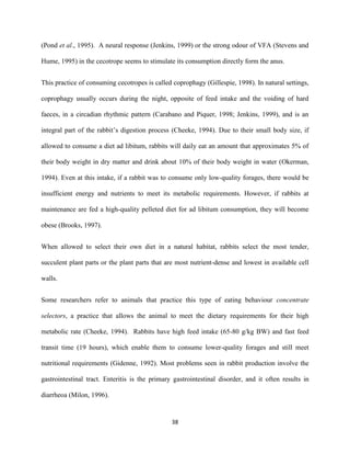 38
(Pond et al., 1995). A neural response (Jenkins, 1999) or the strong odour of VFA (Stevens and
Hume, 1995) in the cecotrope seems to stimulate its consumption directly form the anus.
This practice of consuming cecotropes is called coprophagy (Gillespie, 1998). In natural settings,
coprophagy usually occurs during the night, opposite of feed intake and the voiding of hard
faeces, in a circadian rhythmic pattern (Carabano and Piquer, 1998; Jenkins, 1999), and is an
integral part of the rabbit’s digestion process (Cheeke, 1994). Due to their small body size, if
allowed to consume a diet ad libitum, rabbits will daily eat an amount that approximates 5% of
their body weight in dry matter and drink about 10% of their body weight in water (Okerman,
1994). Even at this intake, if a rabbit was to consume only low-quality forages, there would be
insufficient energy and nutrients to meet its metabolic requirements. However, if rabbits at
maintenance are fed a high-quality pelleted diet for ad libitum consumption, they will become
obese (Brooks, 1997).
When allowed to select their own diet in a natural habitat, rabbits select the most tender,
succulent plant parts or the plant parts that are most nutrient-dense and lowest in available cell
walls.
Some researchers refer to animals that practice this type of eating behaviour concentrate
selectors, a practice that allows the animal to meet the dietary requirements for their high
metabolic rate (Cheeke, 1994). Rabbits have high feed intake (65-80 g/kg BW) and fast feed
transit time (19 hours), which enable them to consume lower-quality forages and still meet
nutritional requirements (Gidenne, 1992). Most problems seen in rabbit production involve the
gastrointestinal tract. Enteritis is the primary gastrointestinal disorder, and it often results in
diarrheoa (Milon, 1996).
 