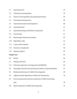 iv
3.1 Experimental site 59
3.2 Cultivation of moringa plants 59
3.3 Sources of feed ingredients and experimental animals 60
3.4 Processing of moringa leaves 60
3.5 Experimental animals and management 60
3.6 Experimental diet 61
3.7 Experimental design and duration of experiment 61
3.8 Growth study 61
3.9 Blood sample collection and analysis 62
3.10 Digestibility study 63
3.11 Carcass yield evaluation 63
3.12 Economics of production 64
3.13 Statistical analysis 65
Chapter four 66
4.0 Results 66
4.1 Moringa cultivation 66
4.1.1 Chemical composition of moringa leaf meal (MOLM) 66
4.2 Percentage inclusion levels and chemical contents of experimental diets 67
4.3 Productive performance of rabbits fed moringa diets 68
4.4 Apparent nutrient digestibility of rabbits fed moringa diets 70
4.5 Carcass measurements and meat composition of rabbits fed moringa
diets 70
4.6 Blood components of rabbits fed moringa diets 72
 