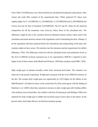 74
From Table 33.0 differences were observed between calculated and analyzed crude protein, ether
extract and crude fibre contents of the experimental diets. While analyzed CP values were
slightly higher for T1 (5%MOLM), T2 (10%MOLM), T3 (15%MOLM) and T4 (20%MOLM) the
reverse was true for that of treatment T0(0%MOLM). The CF and EE values for the analyzed
composition for all the treatments were, however, below those of the calculated ones. The
differences might be due to the variations between tabulated nutrient content values used in the
calculation and actual nutrient content of the ingredients used in formulating the diets. Perhaps, if
all the ingredients had been analyzed before the formulation and compounding of the diets, this
situation might not have arisen. The nutrients met the minimum nutrient requirements for rabbits
(Maertens, 1992). The differences observed with the calculated lysine and methionine levels as
the level of MOLM inclusion increased was to be expectedsince MOLM is reported to have
higher levels of these amino acids (Booth and Wickens, 1988) than soyabean meal (NRC, 1994).
High weight gain of animals normally results from increased feed intake. This situation was
observed in the present experiment. Weight gain increased with the level ofMOLM inclusion in
the diet. The average daily weight gain was significantly (p<0.05) higher for the rabbits on the
MOLM diets(T1 toT4)than for those on the control diet (T0).This result agrees with the finding of
Bamikole et al. (2005) when they reported an increase in daily weight gain after feeding rabbits
with mulberry leaves based diets, but conflicts with that of Famounyan and Meffega (1986) who
reported low body weight gain in rabbits fed sun-dried cassava leaves diets in the tropics. In the
present study, feed intake did not vary between treatment groups.
 