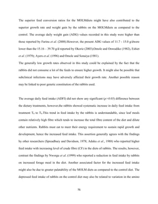76
The superior feed conversion ratios for the MOLMdiets might have also contributed to the
superior growth rate and weight gain by the rabbits on the MOLMdiets as compared to the
control. The average daily weight gain (ADG) values recorded in this study were higher than
those reported by Farinu et al. (2008).However, the present ADG values of 11.7 - 15.0 g/dwere
lower than the 15.16 – 39.70 g/d reported by Okorie (2003),Omole and Onwudike (1982), Eshiet
et al. (1979); Ayers et al. (1996) and Omole and Sonaiya (1981).
The generally low growth rates observed in this study could be explained by the fact that the
rabbits did not consume a lot of the feeds to ensure higher growth. It might also be possible that
subclinical infections may have adversely affected their growth rate. Another possible reason
may be linked to poor genetic constitution of the rabbits used.
The average daily feed intake (ADFI) did not show any significant (p>0.05) difference between
the dietary treatments, however,the rabbits showed systematic increase in daily feed intake from
treatment T0 to T4.This trend in feed intake by the rabbits is understandable, since leaf meals
contain relatively high fibre which tends to increase the total fibre content of the diet and dilute
other nutrients. Rabbits must eat to meet their energy requirement to sustain rapid growth and
development, hence the increased feed intake. This assertion generally agrees with the findings
by other researchers (Spreadbury and Davidson, 1978; Aduku et al., 1988) who reported higher
feed intake with increasing level of crude fibre (CF) in the diets of rabbits. The results, however,
contrast the findings by Nworgu et al. (1999) who reported a reduction in feed intake by rabbits
on increased forage meal in the diet. Another associated factor for the increased feed intake
might also be due to greater palatability of the MOLM diets as compared to the control diet. The
depressed feed intake of rabbits on the control diet may also be related to variation in the amino
 