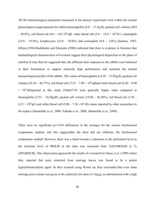 82
All the haematological parameters measured in the present experiment were within the normal
physiological rangesreported for rabbits;haemoglobin (8.0 – 17.5g/dl), packed cell volume (30.0
– 50.0%), red blood cell (4.0 – 8.0×106
/µl), white blood cell (5.0 – 12.0 × 103
/dl ), neutrophils
(35.0 – 55.0%), lymphocytes (25.0 – 50.0%) and eosinophils (0.0 – 5.0%) (Jenkins, 1993;
Hillyer,1994).Madubuike and Ekenyem (2006) indicated that there is evidence in literature that
haematological characteristics of livestock suggest their physiological disposition to the plane of
nutrition.It may then be suggested that, the different diets imposed on the rabbits were balanced
in their formulation to support relatively high performance and maintain the normal
haematological profile of the rabbits. The values of haemoglobin (14.26 – 15.95g/dl), packed cell
volume (43.30 – 46.77%), red blood cell (7.35 – 7.90 × 106
/µl)and white blood cell (8.20 – 8.90
× 103
/dl)reported in this study (Table37.0) were generally higher when compared to
haemoglobin (5.53 – 10.20g/dl), packed cell volume (19.60 – 46.50%), red blood cell (5.30 –
6.23 × 106
/µl ) and white blood cell (5.00 – 7.30 ×103
/dl) values reported by other researchers in
the tropics (Ahamefule et al., 2006; Yakubu et al., 2008; Ahamefule et al., 2008).
There were no significant (p>0.05) differences in the averages for the various biochemical
components studied, and this suggeststhat the diets did not influence the biochemical
components studied. However, there was a trend towards a reduction in the cholesterol level as
the inclusion level of MOLM in the diets was increased from T0(0%MOLM) to T4
(20%MOLM). This observation agreeswith the results of a research by Ghasi et al. (1999) where
they reported that juice extracted from moringa leaves was found to be a potent
hypocholesterolemic agent. In their research using Wister rat, they concluded that even when
moringa juice extract was given at the relatively low dose of 1mg/g, co-administered with a high
 