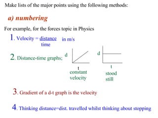 Make lists of the major points using the following methods: a) numbering For example, for the forces topic in Physics 3 . Gradient of a d-t graph is the velocity 4 . Thinking distance=dist. travelled whilst thinking about stopping 1 . Velocity =  distance time in m/s 2 . Distance-time graphs; t d constant velocity stood  still t d 