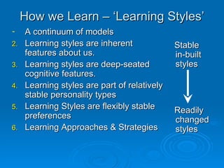 How we Learn – ‘Learning Styles’ A continuum of models Learning styles are inherent features about us. Learning styles are deep-seated cognitive features. Learning styles are part of relatively stable personality types Learning Styles are flexibly stable preferences Learning Approaches & Strategies Stable in-built styles Readily changed styles 