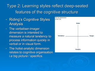 Type 2:  Learning styles reflect deep-seated features of the cognitive structure   Riding’s Cognitive Styles Analysis The verbaliser-imager dimension is intended to measure a natural tendency to process information quickly in verbal or in visual form. The holist-analytic dimension relates to cognitive organisation i.e big picture / specifics. 