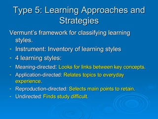 Type 5: Learning Approaches and Strategies Vermunt’s framework for classifying learning styles. Instrument: Inventory of learning styles 4 learning styles: Meaning-directed :  Looks for links between key concepts. Application-directed:  Relates topics to everyday experience. Reproduction-directed:  Selects main points to retain. Undirected:  Finds   study difficult. 