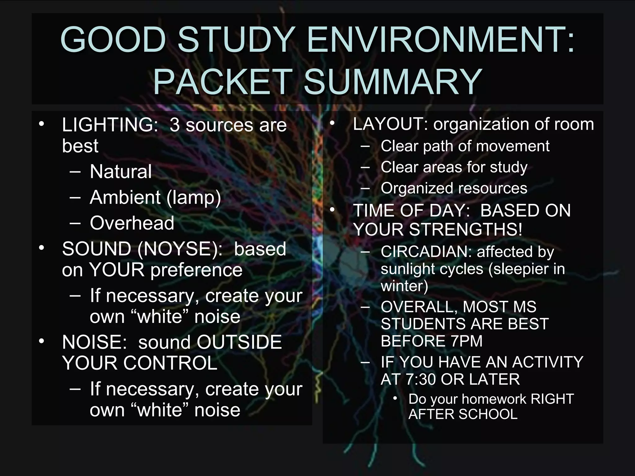 GOOD STUDY ENVIRONMENT: PACKET SUMMARY LIGHTING:  3 sources are best Natural Ambient (lamp) Overhead SOUND (NOYSE):  based on YOUR preference If necessary, create your own “white” noise NOISE:  sound OUTSIDE YOUR CONTROL If necessary, create your own “white” noise LAYOUT: organization of room Clear path of movement Clear areas for study Organized resources TIME OF DAY:  BASED ON YOUR STRENGTHS! CIRCADIAN: affected by sunlight cycles (sleepier in winter) OVERALL, MOST MS STUDENTS ARE BEST BEFORE 7PM IF YOU HAVE AN ACTIVITY AT 7:30 OR LATER Do your homework RIGHT AFTER SCHOOL 