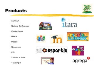 Products  AGREGA National Conferences Escola LliureX ITACA Moodle Newcomers PDI Teacher at home Teaching IT 