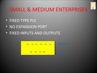 SMALL & MEDIUM ENTERPRISES
• FIXED TYPE PLC
• NO EXPANSION PORT
• FIXED INPUTS AND OUTPUTS
INPUTS
OUTPUTS
 
