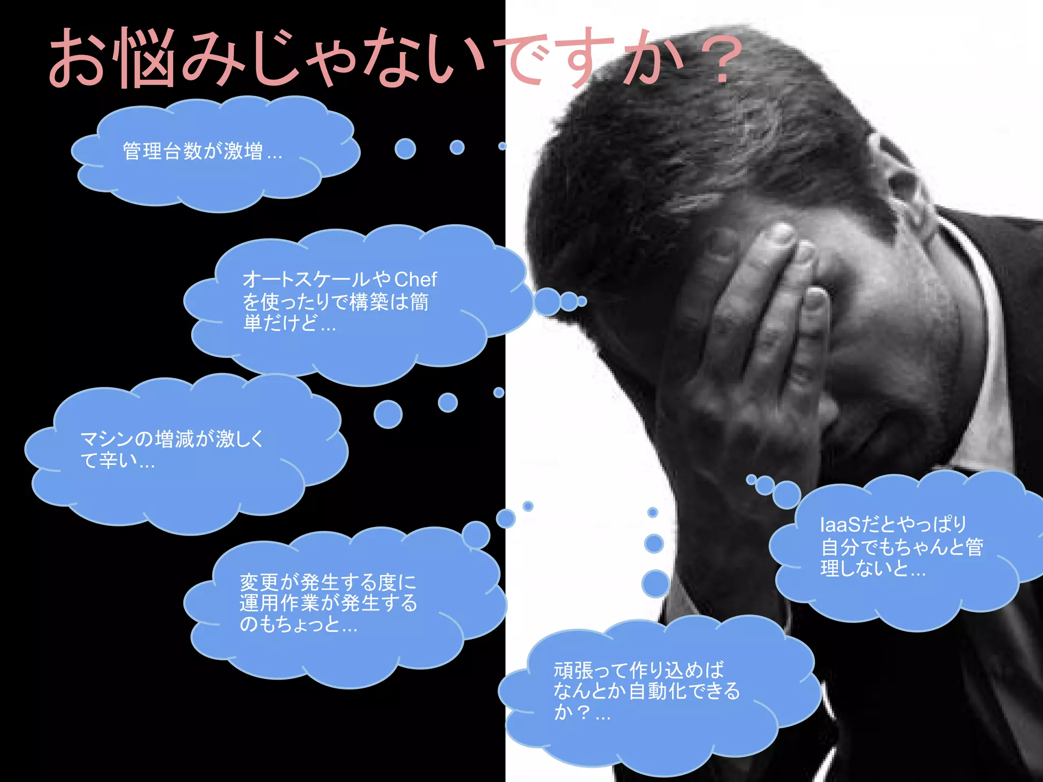 管理台数が激増...
IaaSだとやっぱり
自分でもちゃんと管
理しないと...
オートスケールやChef
を使ったりで構築は簡
単だけど...
マシンの増減が激しく
て辛い...
変更が発生する度に
運用作業が発生する
のもちょっと...
頑張って作り込めば
なんとか自動化できる
か？...
お悩みじゃないですか？
 