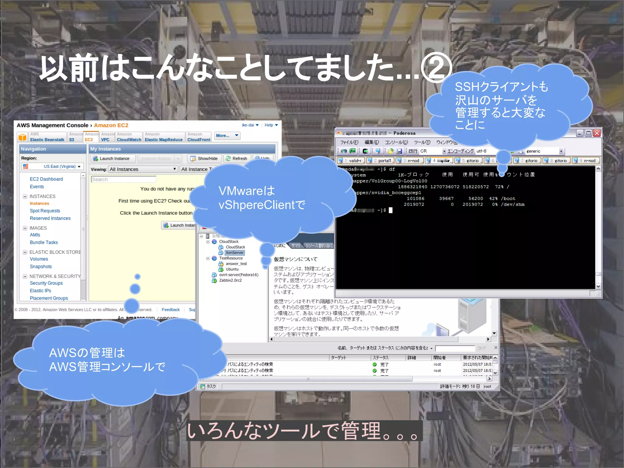 以前はこんなことしてました...②
いろんなツールで管理。。。
AWSの管理は
AWS管理コンソールで
VMwareは
vShpereClientで
SSHクライアントも
沢山のサーバを
管理すると大変な
ことに
 