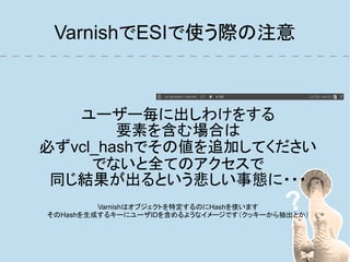 VarnishでESIで使う際の注意



   ユーザー毎に出しわけをする
        要素を含む場合は
必ずvcl_hashでその値を追加してください
     でないと全てのアクセスで
 同じ結果が出るという悲しい事態に・・・
         Varnishはオブジェクトを特定するのにHashを使います
そのHashを生成するキーにユーザIDを含めるようなイメージです（クッキーから抽出とか）
 