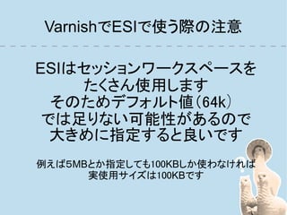VarnishでESIで使う際の注意

ESIはセッションワークスペースを
    たくさん使用します
  そのためデフォルト値（64k）
 では足りない可能性があるので
  大きめに指定すると良いです
例えば５MBとか指定しても100KBしか使わなければ
      実使用サイズは100KBです
 