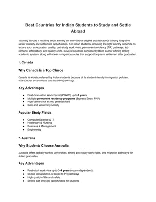 Best Countries for Indian Students to Study and Settle Abroad | PDF