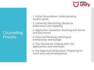 Counseling
Process
 1. Initial Consultation: Understanding
student goals
 2. University Shortlisting: Based on
preferences and eligibility
 3. Application Guidance: Assisting with forms
and documents
 4. Financial Planning: Advising on
scholarships and budget
 5. Visa Assistance: Helping with visa
applications and interviews
 6. Pre-Departure Orientation: Preparing for
travel and cultural adaptation
 