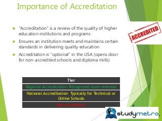 Importance of Accreditation
 “Accreditation” is a review of the quality of higher
education institutions and programs
 E...