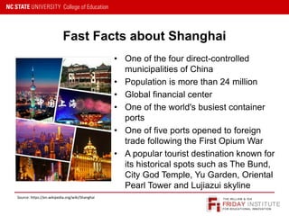 FRIDAY INSTITUTE
THE WILLIAM & IDA
FOR EDUCATIONAL INNOVATION
Fast Facts about Shanghai
• One of the four direct-controlled
municipalities of China
• Population is more than 24 million
• Global financial center
• One of the world's busiest container
ports
• One of five ports opened to foreign
trade following the First Opium War
• A popular tourist destination known for
its historical spots such as The Bund,
City God Temple, Yu Garden, Oriental
Pearl Tower and Lujiazui skyline
Source: https://en.wikipedia.org/wiki/Shanghai
 