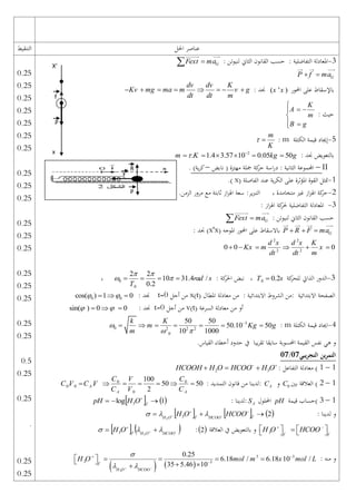 ‫احلل‬ ‫عناصر‬
‫التنقيط‬
3
-
: ‫لنيوتن‬ ‫الثاين‬ ‫القانون‬ ‫حسب‬ : ‫التفاضلية‬ ‫املعادلة‬
G
Fext ma


G
P f ma
 
‫احملور‬ ‫على‬ ‫باإلسقاط‬
( ' )
x x
: ‫جند‬
dv dv K
Kv mg ma m v g
dt dt m
       
: ‫حيث‬
K
A
m
B g

 


 

5
-
‫الكتلة‬ ‫قيمة‬ ‫إجياد‬
m
:
m
K
 
: ‫جند‬ ‫بالتعويض‬
2
. 1.4 3.57 10 0.05 50
m K kg g
 
     
II
–
‫نابض‬ ( ‫مهتزة‬ ‫مجلة‬ ‫كة‬
‫حر‬ ‫اسة‬‫ر‬‫د‬ : ‫الثانية‬ ‫اجملموعة‬
–
)‫ية‬‫ر‬‫ك‬
.
1
-
( ‫الفاصلة‬ ‫عند‬ ‫ية‬‫ر‬‫الك‬ ‫على‬ ‫املؤثرة‬ ‫القوة‬ ‫متثل‬
x
.)
2
-
.‫الزمن‬ ‫مرور‬ ‫مع‬ ‫ثابتة‬ ‫از‬‫ز‬‫اهل‬ ‫سعة‬ :‫ير‬‫رب‬‫الت‬ ، ‫متخامدة‬ ‫غري‬ ‫از‬‫ز‬‫اهل‬ ‫كة‬
‫حر‬
3
-
: ‫از‬‫ز‬‫اهل‬ ‫كة‬
‫حلر‬ ‫التفاضلية‬ ‫املعادلة‬
: ‫لنيوتن‬ ‫الثاين‬ ‫القانون‬ ‫حسب‬
G
Fext ma


G
P R F ma
  
‫باالسقاط‬
‫املوجه‬ ‫احملور‬ ‫على‬
(x'x)
: ‫جند‬
2 2
2 2
0 0 0
d x d x K
Kx m x
dt dt m
     
3
-
‫كة‬
‫للحر‬ ‫الذايت‬ ‫الدور‬
0 0.2
T s

،
: ‫كة‬
‫احلر‬ ‫نبض‬
0
0
2 2
10 31.4 /
0.2
rad s
T
 
 
   
،
: ‫االبتدائية‬ ‫الشروط‬ ‫من‬: ‫االبتدائية‬ ‫الصفحة‬
‫املطال‬ ‫معادلة‬ ‫من‬
x(t)
‫أجل‬ ‫من‬
t=0
: ‫جند‬
0 0
cos( ) 1 0
 
  
‫السرعة‬ ‫معادلة‬ ‫من‬ ‫أو‬
v(t)
‫أجل‬ ‫من‬
t=0
: ‫جند‬
sin( ) 0 0
 
  
4
-
‫الكتلة‬ ‫قيمة‬ ‫اجياد‬
m
:
3
0 2 2 2
0
50 50
50.10 50
10 1000
k K
m Kg g
m

 

      
‫يبا‬‫ر‬‫تق‬ ‫سايقا‬ ‫احملسوبة‬ ‫القيمة‬ ‫نفس‬ ‫هي‬ ‫و‬
‫القياس‬ ‫أخطاء‬ ‫حدود‬ ‫يف‬
.
‫التجريبي‬ ‫ين‬‫ر‬‫التم‬
10
/
10
1
–
1
: ‫التفاعل‬ ‫معادلة‬ )




 O
H
HCOO
O
H
HCOOH 3
2
1
–
2
‫بني‬ ‫العالقة‬ )
0
C
‫و‬
A
C
:
: ‫التمديد‬ ‫قانون‬ ‫من‬ ‫لدينا‬
0 0
0 0
0
100
. . 50 50
2
A
A A
C C
V
C V C V
C V C
      
1
–
3
‫قيمة‬ ‫)حساب‬
pH
‫احمللول‬
A
S
: ‫لدينا‬:
   
1
log 3 

 
f
O
H
pH
: ‫لدينا‬ ‫و‬
     
2
3
3


 


 f
HCOO
f
O
H
HCOO
O
H 


3 f f
H O HCOO
 
   

   
‫العالقة‬ ‫يف‬ ‫بالتعويض‬ ‫و‬
 
2
:
   

 
 
HCOO
O
H
f
O
H 

 3
3
: ‫منه‬ ‫و‬
   
3
3 3
3 3
0.25
6.18 / 6.18 10 /
35 5.46 10
f
H O HCOO
H O mol m x mol L

 
 
 

     
   

0.25
0.25
0.25
0.25
0.25
0.25
0.25
0.25
0.25
0.25
0.25
0.25
0.25
0.25
0.25
0.25
0.25
0.25
0.5
0.25
0.25
.
0.25
0.25
R
P
F
X'
x
P
f
 