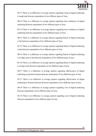41
S.V Institute of Management , Kadi
H1:13 There is no difference in average opinion regarding Using of digital marketing
is tough task between respondents of two different types of Area.
H0:14 There is a difference in average opinion regarding trust worthiness of digital
marketing between respondents of two different types of Area.
H1:14 There is no difference in average opinion regarding trust worthiness of digital
marketing between respondents of two different types of Area.
H0:15 There is a difference in average opinion regarding Reach of digital marketing
is fast between respondents of two different types of Area.
H1:15 There is no difference in average opinion regarding Reach of digital marketing
is fast between respondents of two different types of Area.
H0:16 There is a difference in average opinion regarding Reach of digital marketing
is at large scale is fast between respondents of two different types of area.
H1:16 There is no difference in average opinion regarding Reach of digital marketing
is at large scale between respondents of two different types of area.
H0:17 There is a difference in average opinion regarding effectiveness of digital
marketing to promote business between respondents of two different types of area.
H1:17 There is no difference in average opinion regarding effectiveness of digital
marketing to Promote business between respondents of two different types of area.
H0:18 There is a difference in average opinion regarding cost of digital marketing
between respondents of two different types of Area.
H1:18 There is no difference in average opinion regarding cost of digital marketing
between respondents of two different types of Area.
 