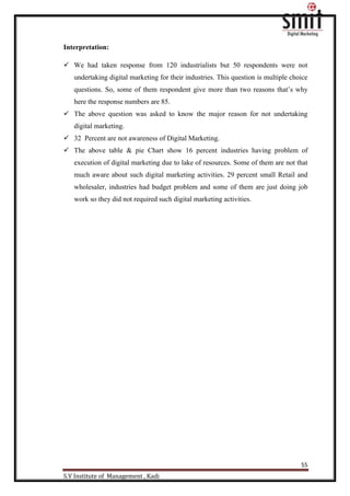 55
S.V Institute of Management , Kadi
Interpretation:
 We had taken response from 120 industrialists but 50 respondents were not
undertaking digital marketing for their industries. This question is multiple choice
questions. So, some of them respondent give more than two reasons that‟s why
here the response numbers are 85.
 The above question was asked to know the major reason for not undertaking
digital marketing.
 32 Percent are not awareness of Digital Marketing.
 The above table & pie Chart show 16 percent industries having problem of
execution of digital marketing due to lake of resources. Some of them are not that
much aware about such digital marketing activities. 29 percent small Retail and
wholesaler, industries had budget problem and some of them are just doing job
work so they did not required such digital marketing activities.
 
