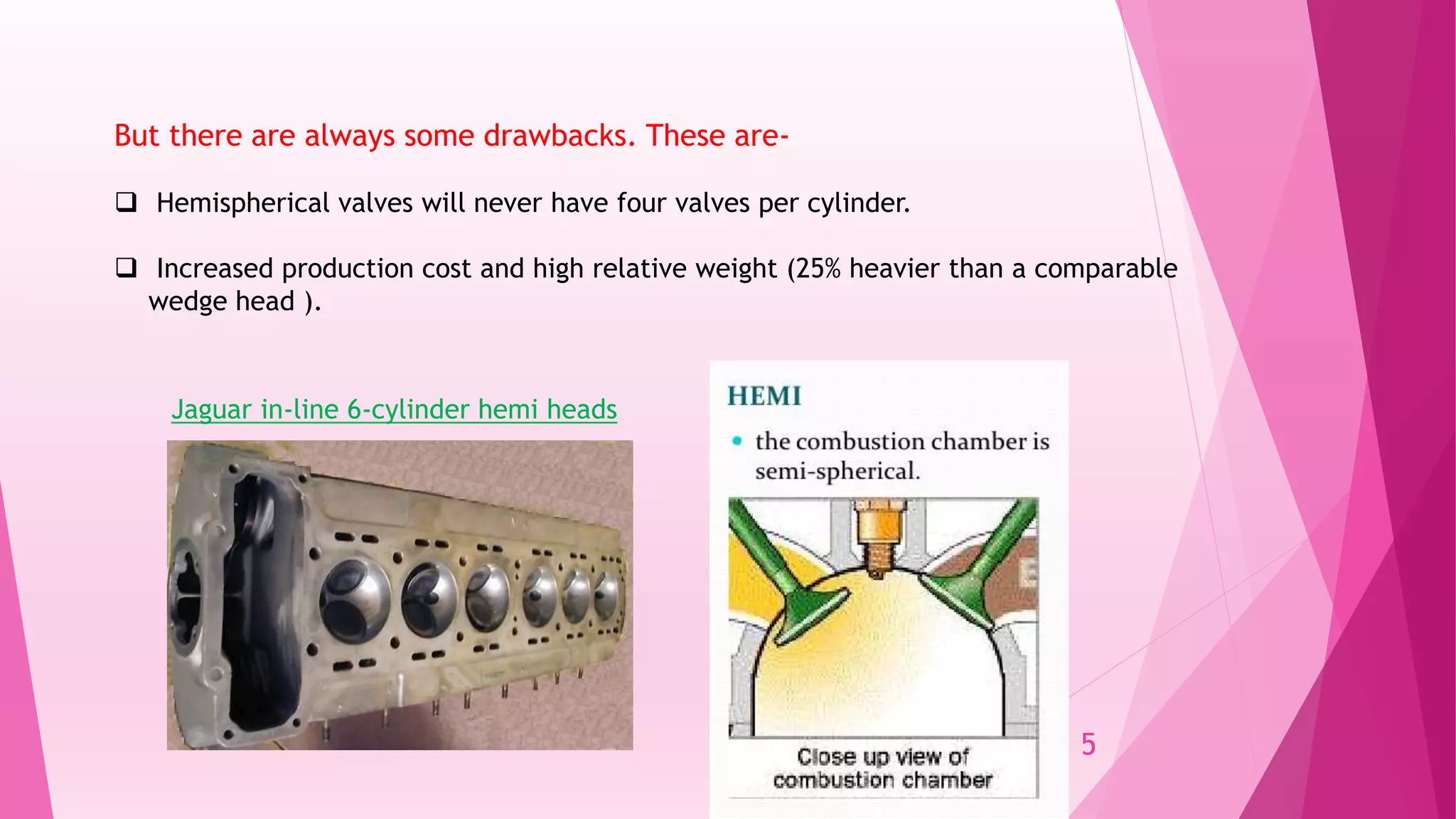 But there are always some drawbacks. These are-
 Hemispherical valves will never have four valves per cylinder.
 Increased production cost and high relative weight (25% heavier than a comparable
wedge head ).
Jaguar in-line 6-cylinder hemi heads
5
 