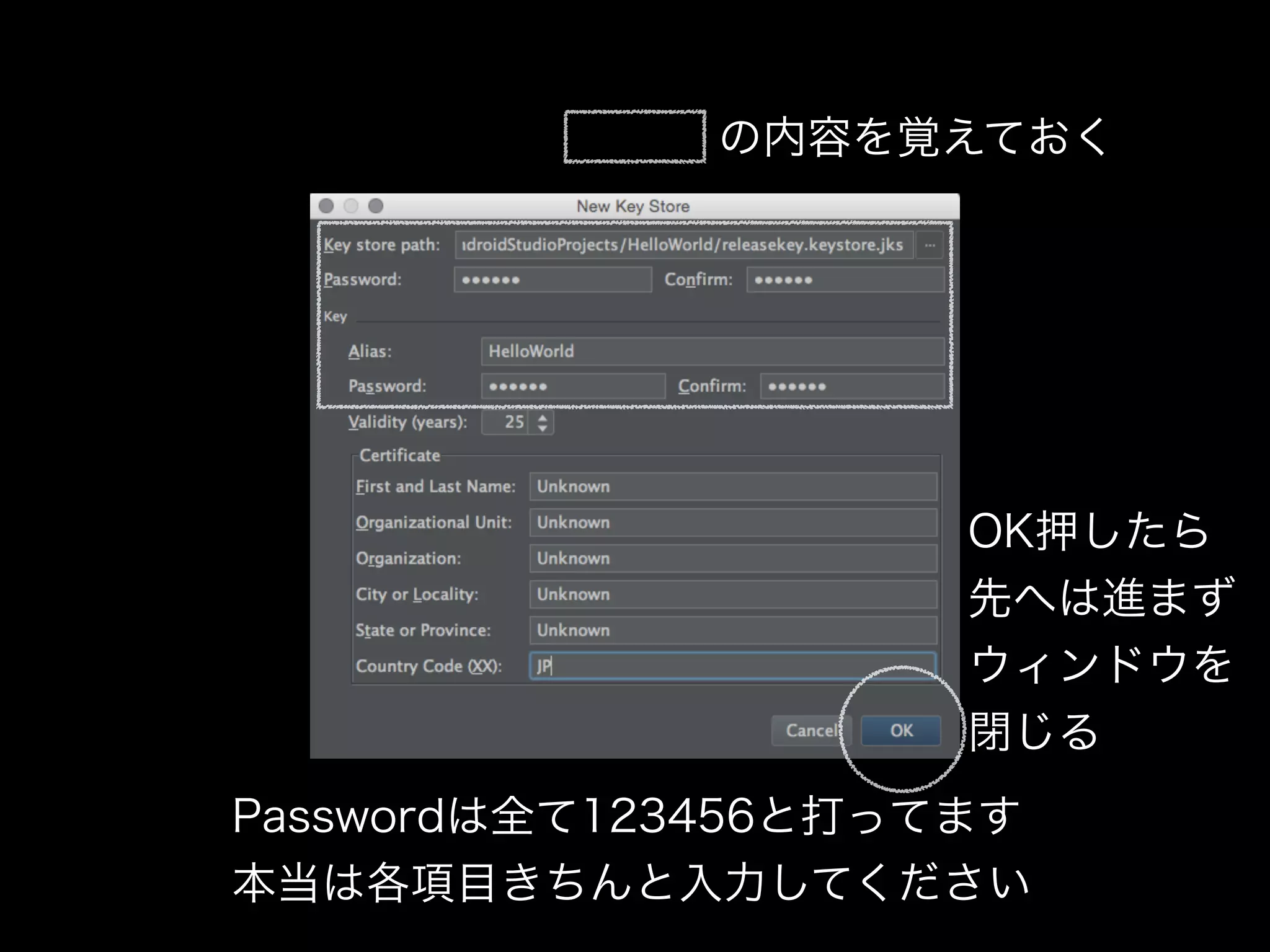 の内容を覚えておく 
OK押したら 
先へは進まず 
ウィンドウを 
閉じる 
Passwordは全て123456と打ってます 
本当は各項目きちんと入力してください 
 
