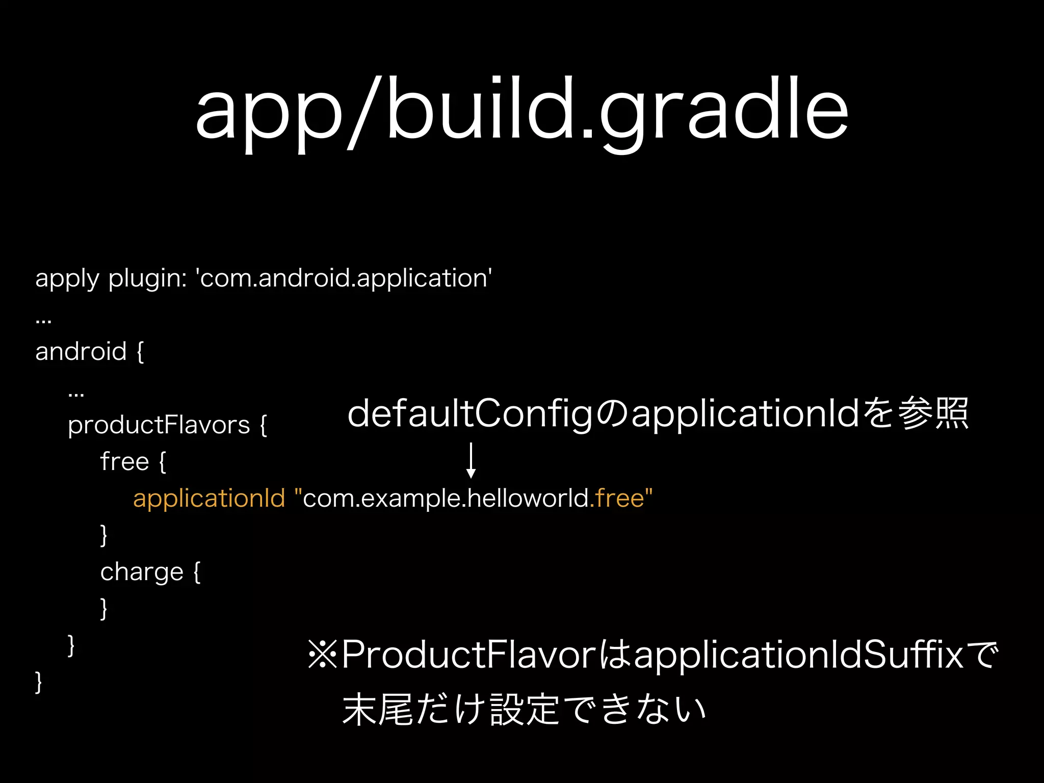app/build.gradle 
apply plugin: 'com.android.application' 
... 
android { 
... 
productFlavors { 
defaultConfigのapplicationIdを参照 
free { 
applicationId "com.example.helloworld.free" 
} 
charge { 
} 
} 
} 
※ProductFlavorはapplicationIdSuffixで 
　末尾だけ設定できない 
 
