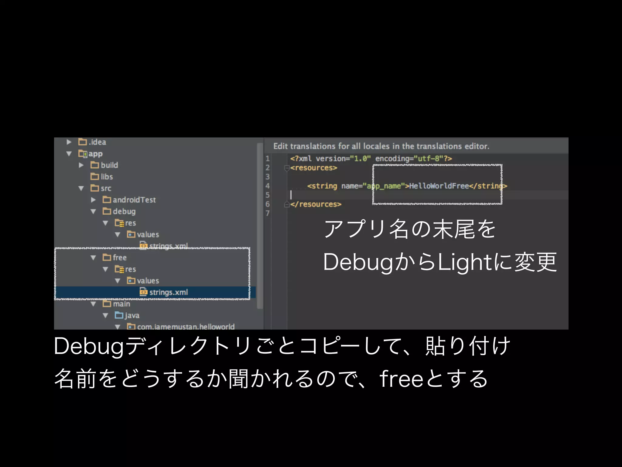アプリ名の末尾を 
DebugからLightに変更 
Debugディレクトリごとコピーして、貼り付け 
名前をどうするか聞かれるので、freeとする 
 