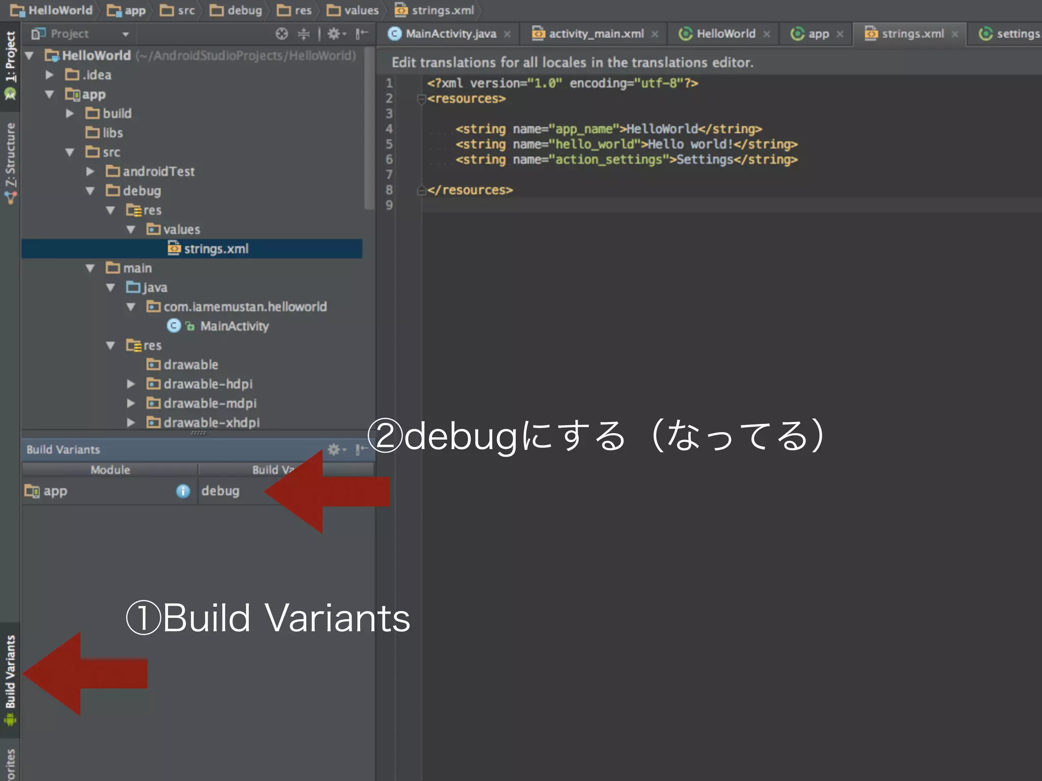 ②debugにする（なってる） 
①Build Variants 
 