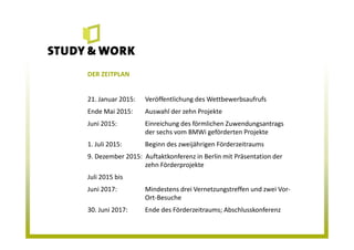 DER ZEITPLAN
21. Januar 2015: Veröffentlichung des Wettbewerbsaufrufs
Ende Mai 2015: Auswahl der zehn Projekte
Juni 2015: Einreichung des förmlichen Zuwendungsantrags
der sechs vom BMWi geförderten Projekte
1. Juli 2015: Beginn des zweijährigen Förderzeitraums
9. Dezember 2015: Auftaktkonferenz in Berlin mit Präsentation der
zehn Förderprojekte
Juli 2015 bis
Juni 2017: Mindestens drei Vernetzungstreffen und zwei Vor-
Ort-Besuche
30. Juni 2017: Ende des Förderzeitraums; Abschlusskonferenz
 