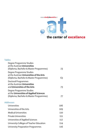 Tables
	 Degree Programme Studies
	 at the Austrian Universities
	 (Diploma, Bachelor & Master Programmes)	 23
	 Degree Programme Studies
	 at the Austrian Universities of the Arts
	 (Diploma, Bachelor & Master Programmes)	 63
	 Doctoral Programmes
	 at the Austrian Universities
	 and Universities of the Arts	73
	 Degree Programme Studies
	 at the Universities of Applied Sciences
	 (Diploma, Bachelor & Master Programmes)	 77

Addresses
	Universities	                                106
	 Universities of the Arts	                   109
	 Medical Universities	                       110
	 Private Universities	                       111
	 Universities of Applied Sciences	           112
	 University Colleges of Teacher Education	   114
	 University Preparation Programmes	          116
 