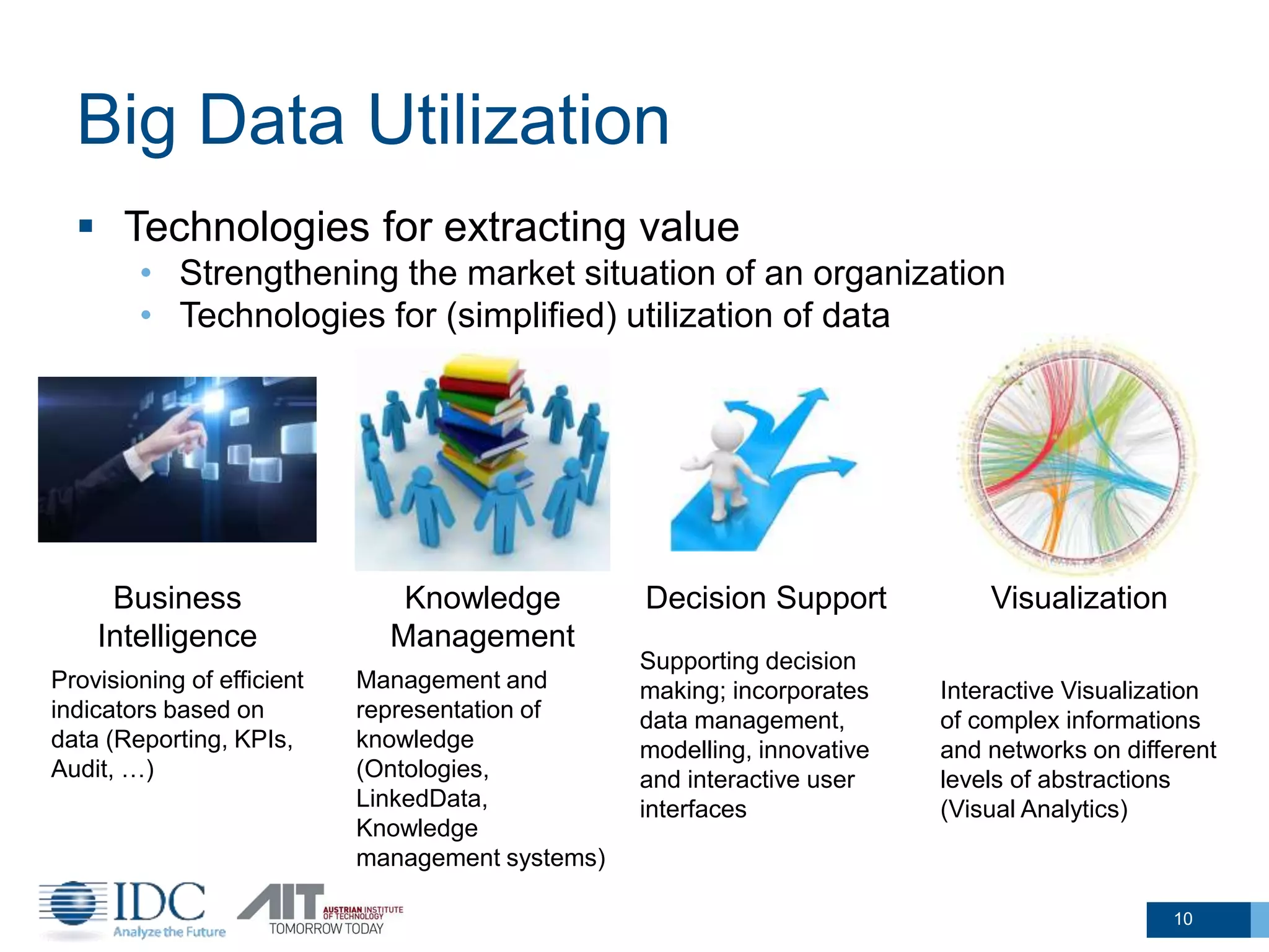 Big Data Utilization
10
 Technologies for extracting value
• Strengthening the market situation of an organization
• Technologies for (simplified) utilization of data
Business
Intelligence
Provisioning of efficient
indicators based on
data (Reporting, KPIs,
Audit, …)
Knowledge
Management
Management and
representation of
knowledge
(Ontologies,
LinkedData,
Knowledge
management systems)
Decision Support
Supporting decision
making; incorporates
data management,
modelling, innovative
and interactive user
interfaces
Visualization
Interactive Visualization
of complex informations
and networks on different
levels of abstractions
(Visual Analytics)
 
