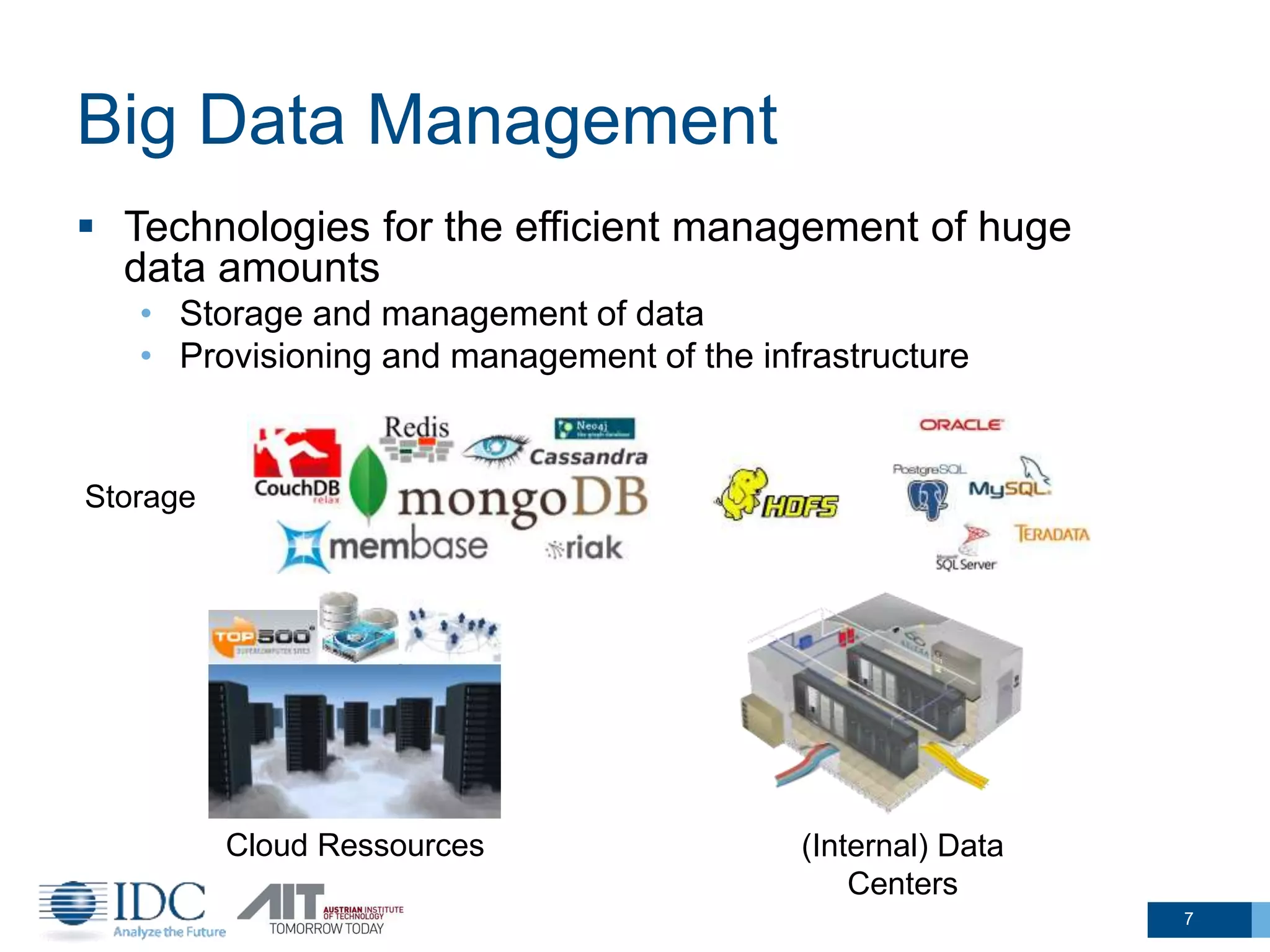 Big Data Management
7
 Technologies for the efficient management of huge
data amounts
• Storage and management of data
• Provisioning and management of the infrastructure
Cloud Ressources (Internal) Data
Centers
Storage
 