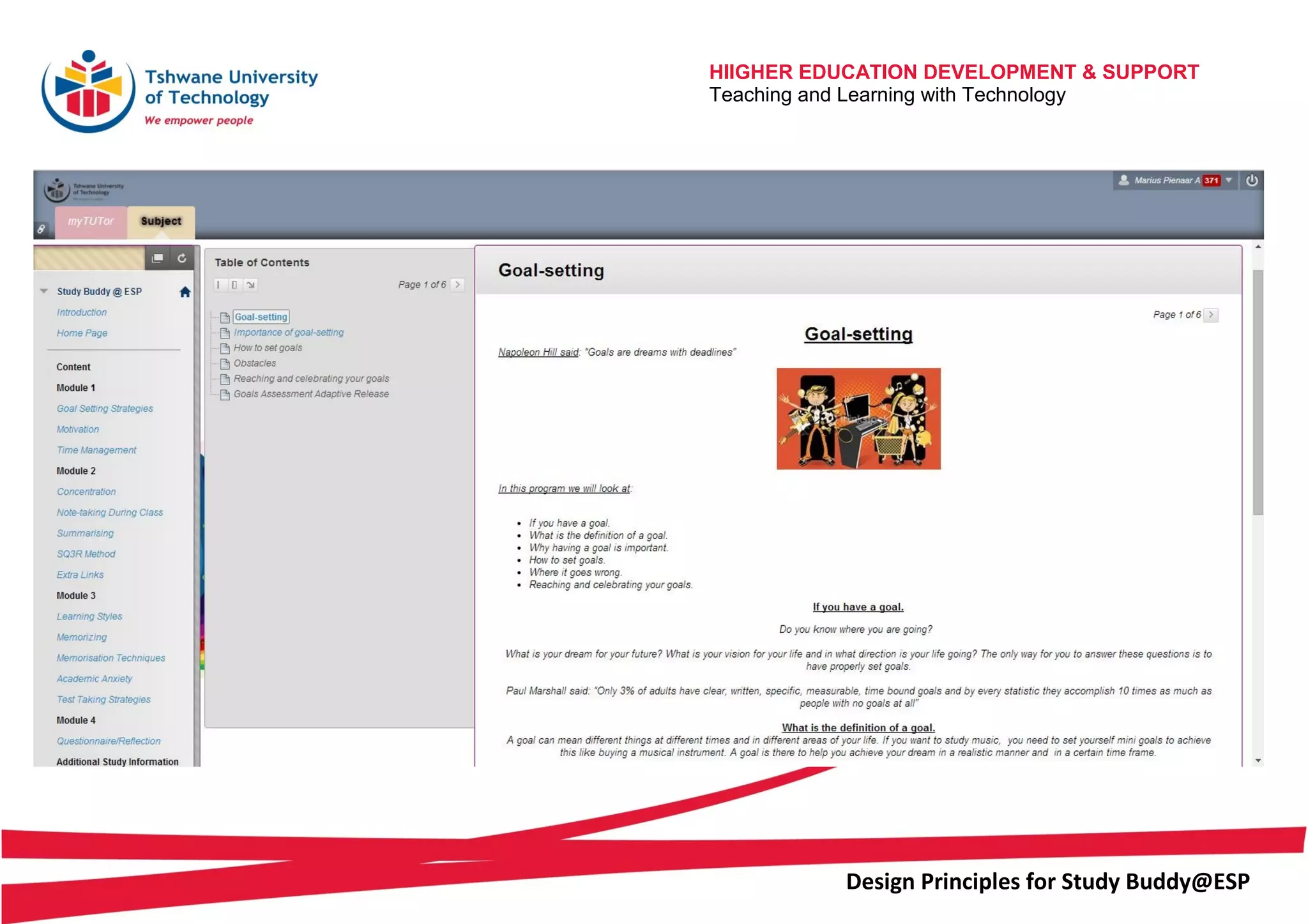 HIIGHER EDUCATION DEVELOPMENT & SUPPORT
Teaching and Learning with Technology
Design Principles for Study Buddy@ESP
 